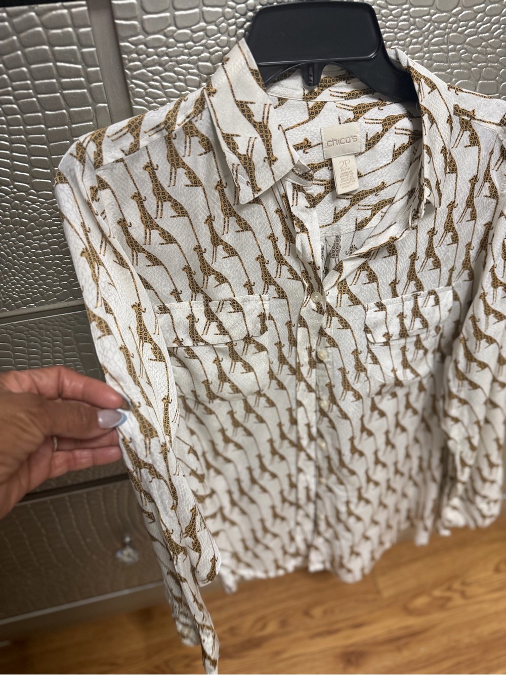 Chico's Cream Blouse with Brown Giraffe Print - Picture 4 of 9
